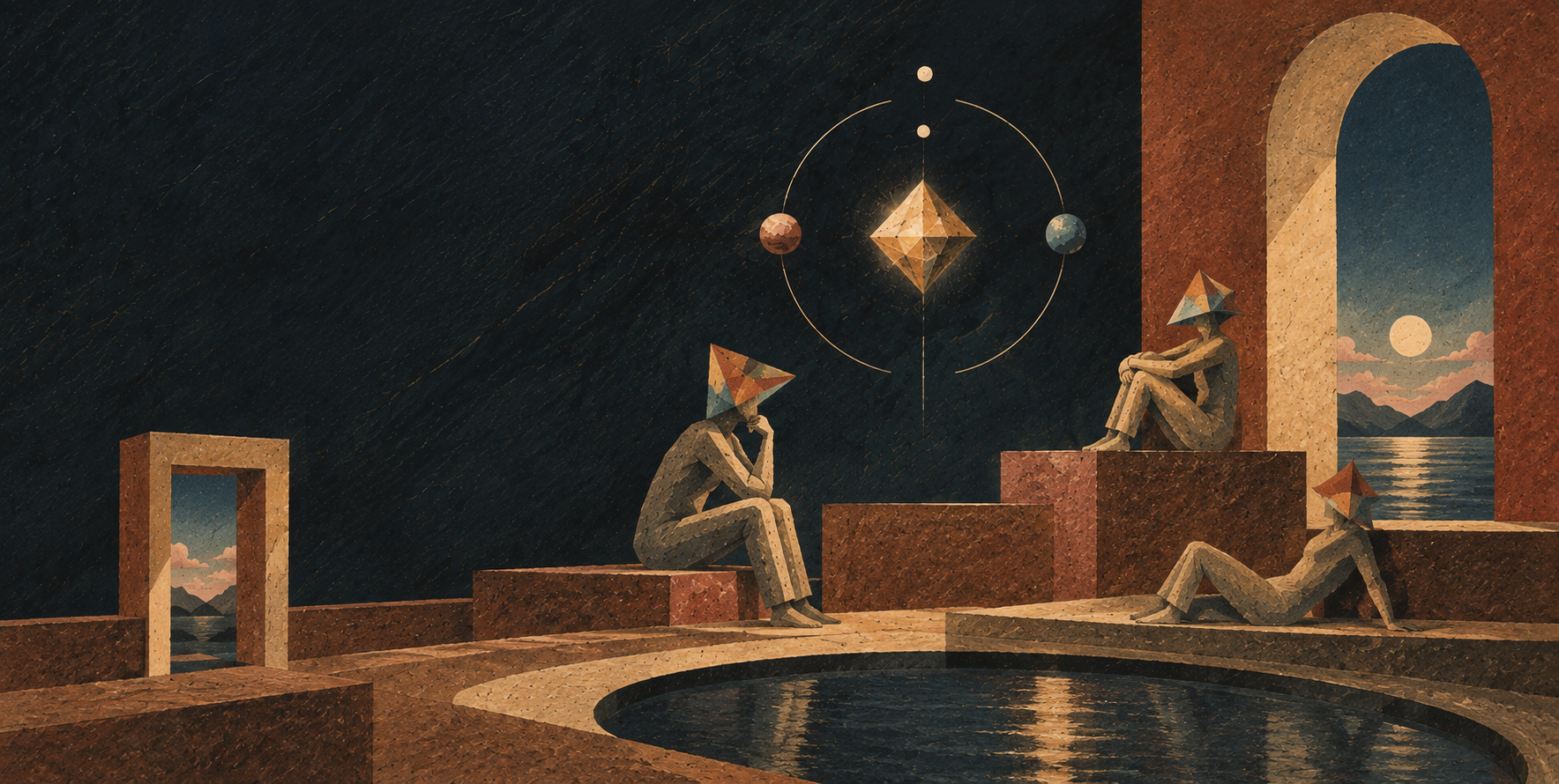 A crayon illustration of figures gathered in stillness around a reflective pool in a terracotta interior